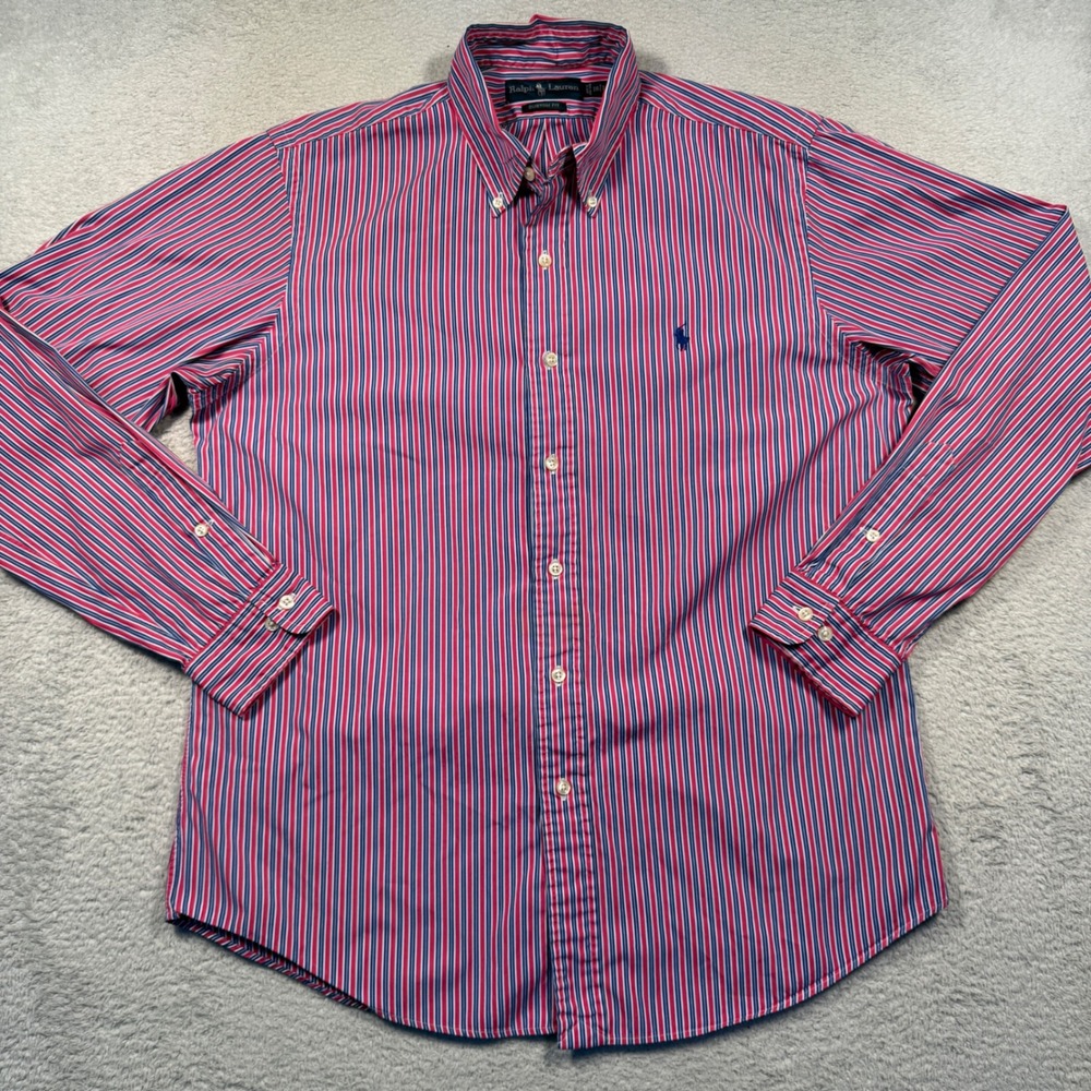 Vintage Polo Ralph Lauren Button Down L Fuchsia Blue Striped Custom‎ Fit Shirt